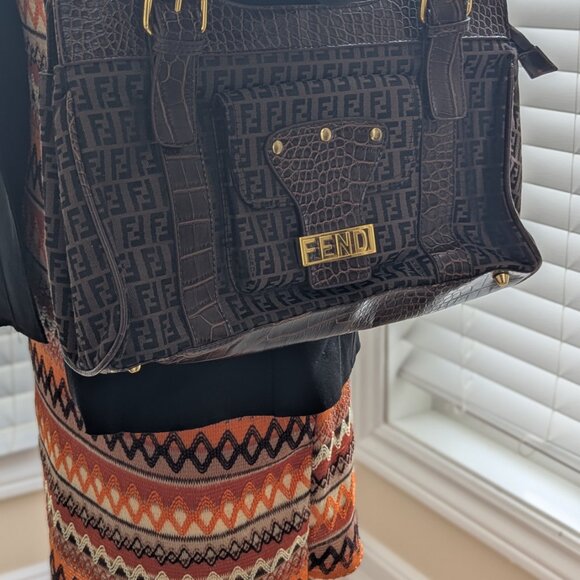 Vintage Fendi Zucca Canvas & Croc Embossed Leather Shoulder Bag - Picture 9 of 9